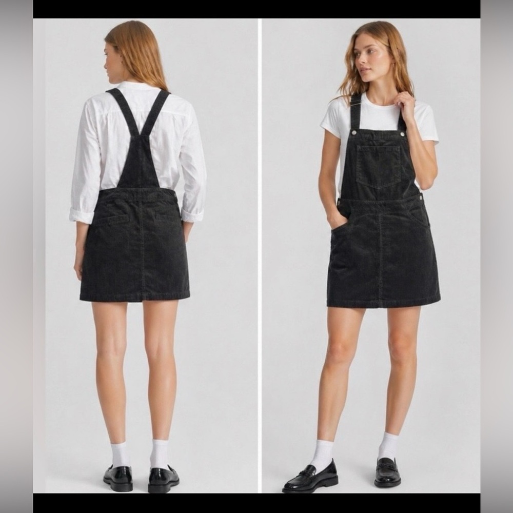 H&M Divided Cotton Corduroy Skirt Overalls Zipper w/ Pocket Bib in Black Size 14